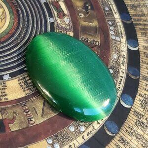 Large Green XL Fiber Optic Cats Eye Glass 40x30mm Domed Oval Glass Cabochon